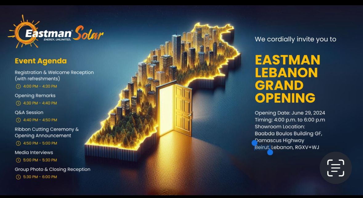 نحو مستقبل أكثر إشراقًا واستدامة: شركة Eastman Auto & Power Limited تستعد للاحتفال بالافتتاح الكبير لصالة عرضها في لبنان نحو مستقبل أكثر إشراقًا واستدامة: شركة Eastman Auto & Power Limited تستعد للاحتفال بالافتتاح الكبير لصالة عرضها في لبنان